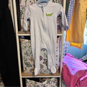 Blue and White Striped Kids Footie with Embroidered Crocodile Design